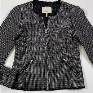 Rebecca Taylor Tweed Jacket Black White Zip Front Blazer Women’s size 4